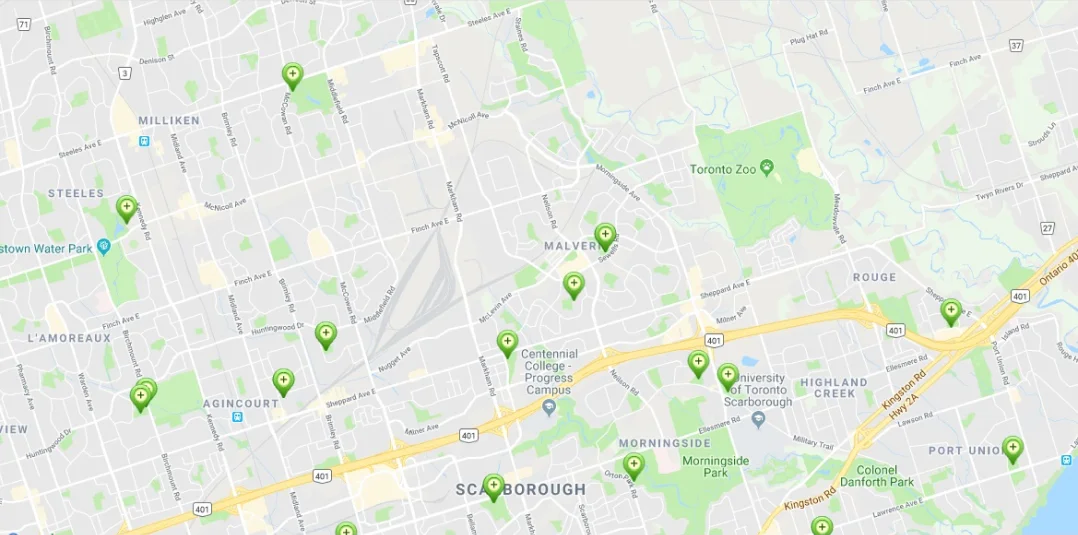 Map showing community centres and services in Scarborough