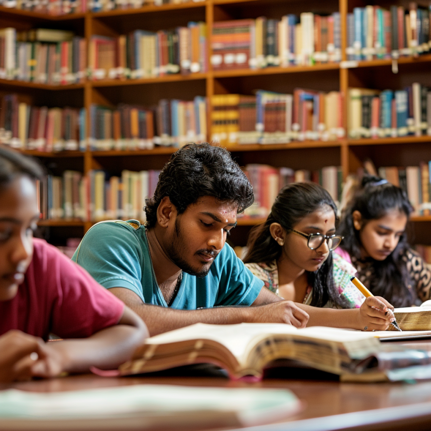 Community members studying and collaborating in a library setting
